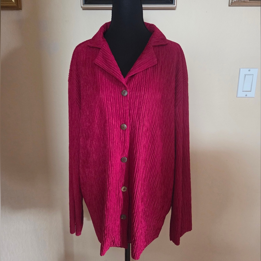 Red Pleated Button-Down Shirt for Women Contemporary Western Office Boho Size L